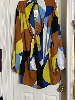 Ashley Stewart Geometric Tie-Front Tunic in Brown, Yellow, Blue, Black, White